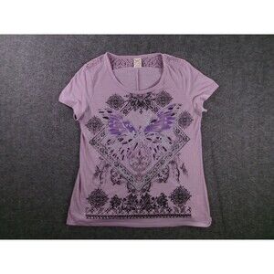 Faded Glory Top Women L Lavender Rose Butterfly Lace Yoke Rhinestone Y2K Preppy